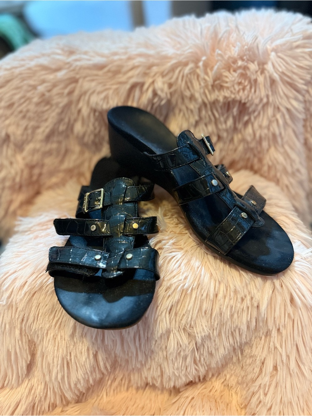 Vionic ortho Black Croc-Embossed Strap Mule Sandals - Women